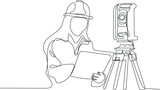 Close up of Caucasian worker with helmet on head using tablet for work while standing in warehouse. Surveyor with a tripod icon. Geodesic tripod. Vector illustration