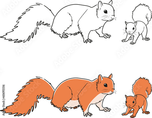Hand drawn squirrels mom and her child. Retro realistic cartoon animal isolated. Vintage style. Doodle line and color. Vector illustration