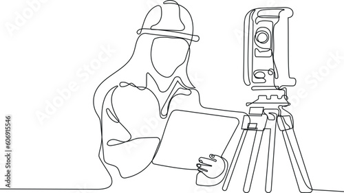 Close up of Caucasian worker with helmet on head using tablet for work while standing in warehouse. Surveyor with a tripod icon. Geodesic tripod. Vector illustration