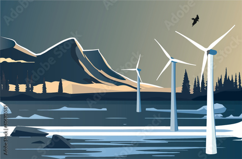 Snow covered landscape with wind turbines in the foreground and mountain in the background. Wind power plant and factory. Wind turbines Green energy industrial concept. Vector illustration. Flat style