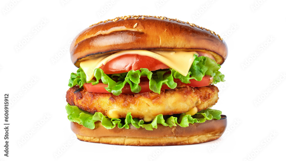 Crispy deep Fried Chicken Burger with cheese, tomato, lettuce, pickles and mayonnaise isolated on white background Crispy deep Fried Chicken Burger with cheese, tomato, lettuce, pickles and mayonnaise isolated on white background