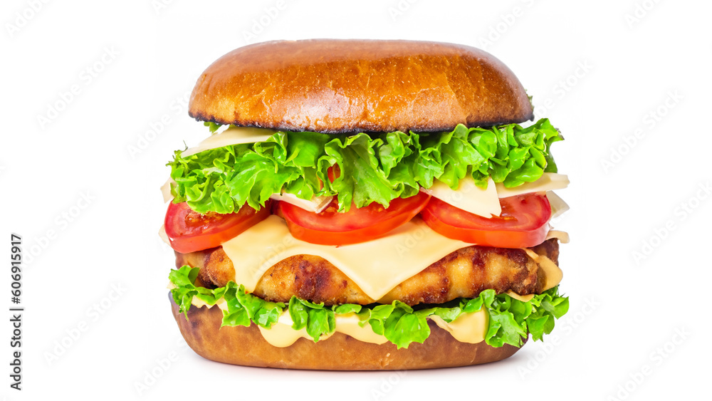 Crispy deep Fried Chicken Burger with cheese, tomato, lettuce, pickles and mayonnaise isolated on white background Crispy deep Fried Chicken Burger with cheese, tomato, lettuce, pickles and mayonnaise isolated on white background