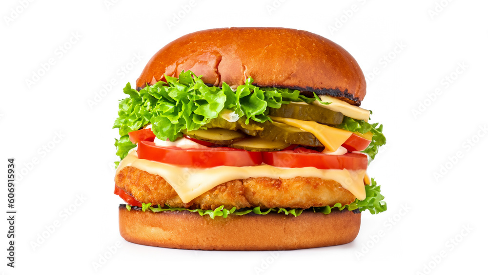 Crispy deep Fried Chicken Burger with cheese, tomato, lettuce, pickles and mayonnaise isolated on white background