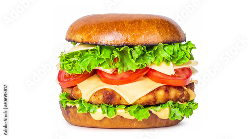 Crispy deep Fried Chicken Burger with cheese, tomato, lettuce, pickles and mayonnaise isolated on white background