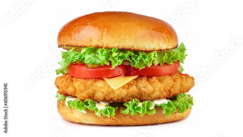 Crispy deep Fried Chicken Burger with cheese  tomato  lettuce  pickles and mayonnaise isolated on white background