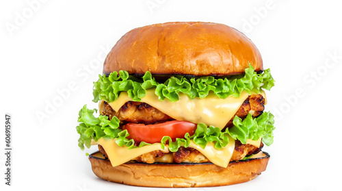 Crispy deep Fried Chicken Burger with cheese, tomato, lettuce, pickles and mayonnaise isolated on white background