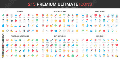 Fitness, healthy eating, medicine color flat icons set vector illustration. Abstract symbols of pharmacy, healthcare and diet, vegetable and fruit nutrition simple design for mobile and web apps