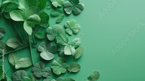 St Patrick's with green leaves on green pastel background for banner design