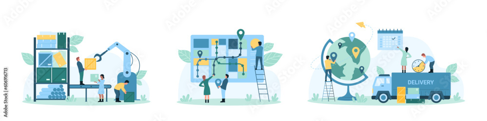 Delivery and logistics set vector illustration. Cartoon tiny people work on automated box distribution in factory warehouse, characters tracking shipping of products on map and globe, pin location
