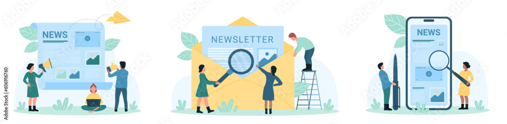 News, press release set vector illustration. Cartoon tiny people with magnifying glass and megaphone read news from paper letter in envelope, newspaper article, blogs feed on mobile phone screen News, press release set vector illustration. Cartoon tiny people with magnifying glass and megaphone read news from paper letter in envelope, newspaper article, blogs feed on mobile phone screen