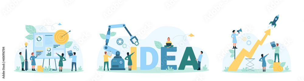 Business project development set vector illustration. Cartoon tiny ...