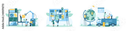 Delivery and logistics set vector illustration. Cartoon tiny people work on automated box distribution in factory warehouse, characters tracking shipping of products on map and globe, pin location