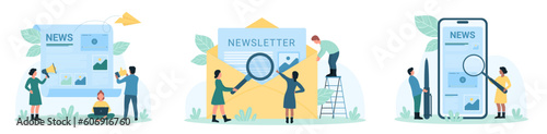 News, press release set vector illustration. Cartoon tiny people with magnifying glass and megaphone read news from paper letter in envelope, newspaper article, blogs feed on mobile phone screen