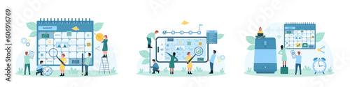Calendar optimization set vector illustration. Cartoon tiny people with magnifying glass, clock and phone work with appointment schedule and timeline in organizer, plan events and business meetings