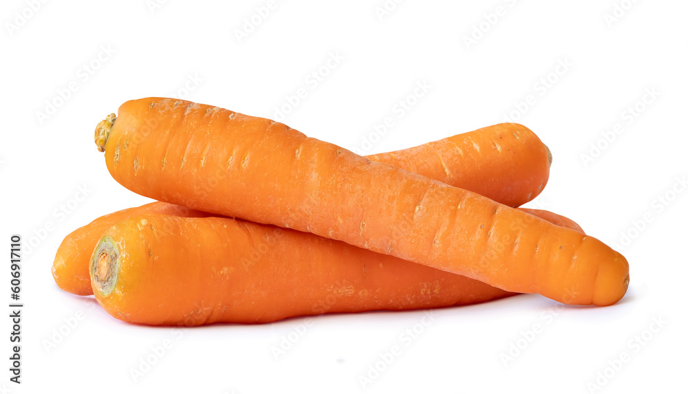 Three fresh orange carrots in stack isolated on white background with clipping path, Close up of healthy vegetable root and shadow in png file format Three fresh orange carrots in stack isolated on white background with clipping path, Close up of healthy vegetable root and shadow in png file format