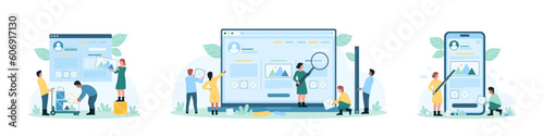 Website design set vector illustration. Cartoon tiny people building customizable wireframe of homepage, testing mobile app UI and software in laptop and phone, research content with magnifying glass