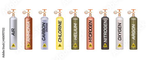 Chemical gas cylinders illustration. ammonia, carbon dioxide, chlorine, helium, hydrogen, nitrogen oxygen and argon gas cylinder. Noble gases cylinder images with color code.