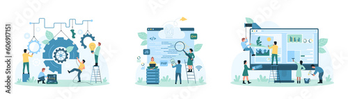 Business technology and design development set vector illustration. Cartoon tiny people work with content on computer screen and gears, coders research programming language with magnifying glass