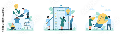 Creative business idea research and development set vector illustration. Cartoon tiny people grow light bulb, think on idea checklist with pencil, work on assessment and analysis of innovation startup