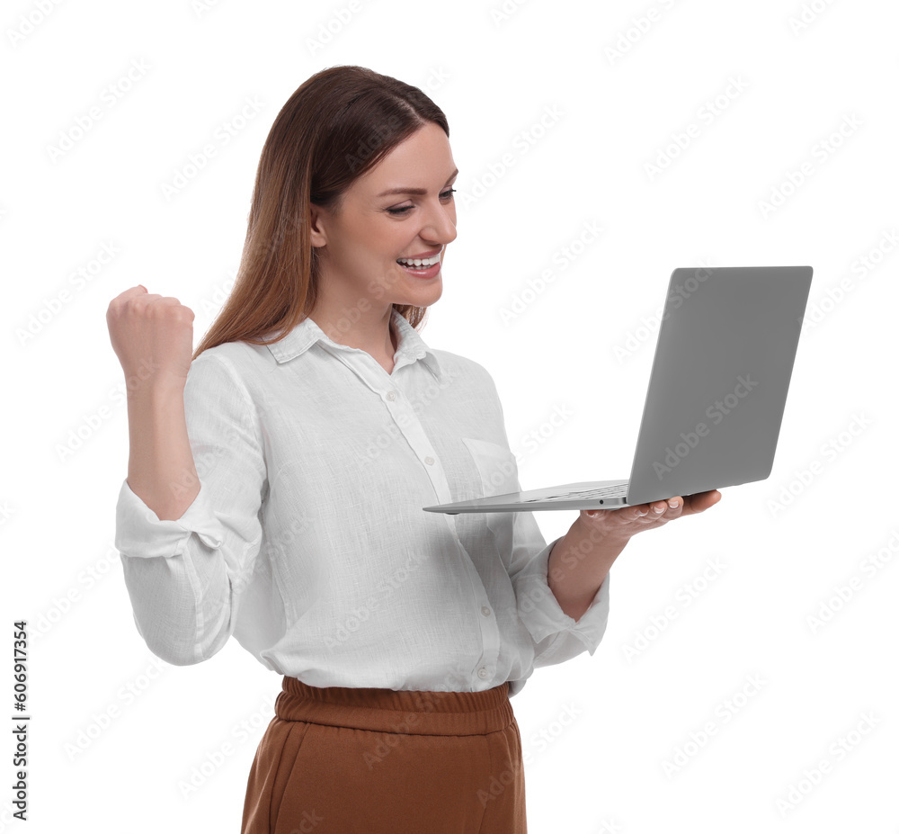 Beautiful businesswoman with laptop on white background Beautiful businesswoman with laptop on white background