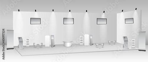 set of realistic trade exhibition stand or white blank exhibition kiosk or stand booth corporate commercial. eps vector