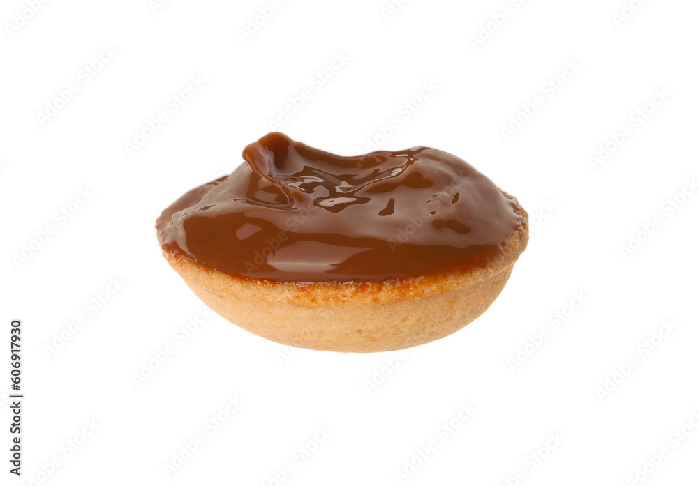 Half of delicious nut shaped cookie with boiled condensed milk isolated on white Half of delicious nut shaped cookie with boiled condensed milk isolated on white