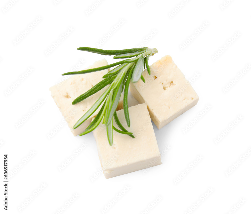 Delicious tofu cheese and rosemary isolated on white, top view Delicious tofu cheese and rosemary isolated on white, top view