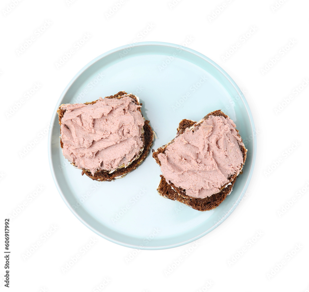 Plate with delicious liverwurst sandwiches isolated on white, top view Plate with delicious liverwurst sandwiches isolated on white, top view