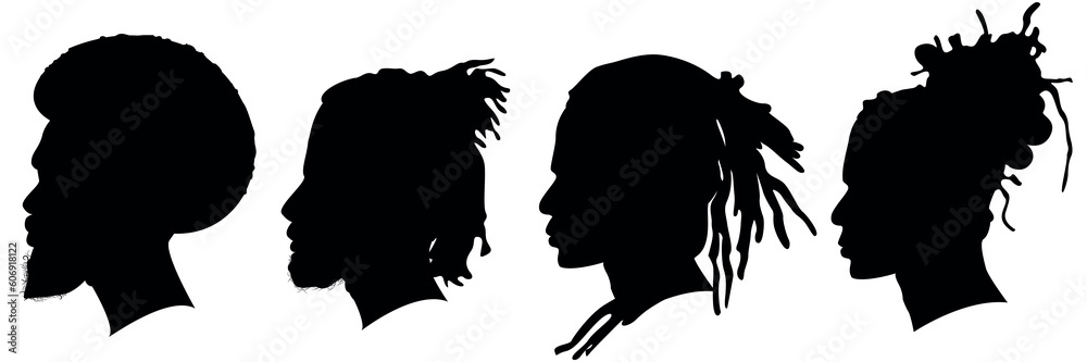 Ταπετσαρία Silhouettes of African American men part 4, side view with various hairstyles, contour on white background