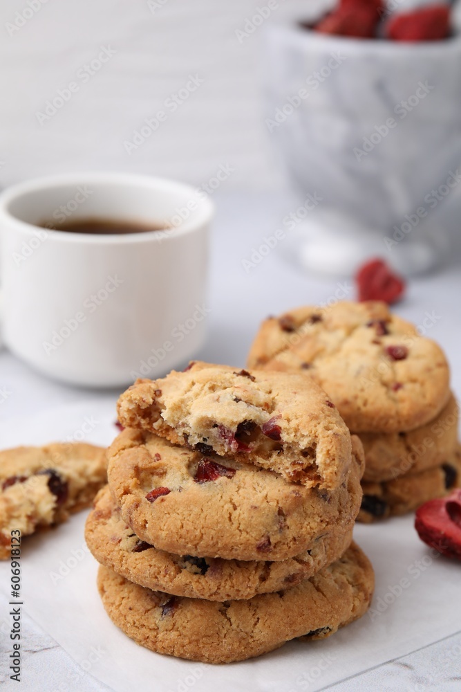 Cookies with freeze dried fruits and nuts on white marble table, closeup Cookies with freeze dried fruits and nuts on white marble table, closeup