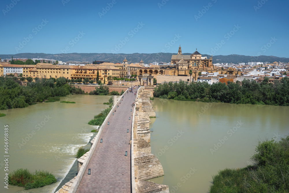 Aerial view of Cordoba Skyline with Roman bridge and Mosque-Cathedral of Cordoba - Cordoba, Andalusia, Spain