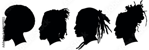 Silhouettes of African American men part 4, side view with various hairstyles, contour on white background. Vector illustration	
