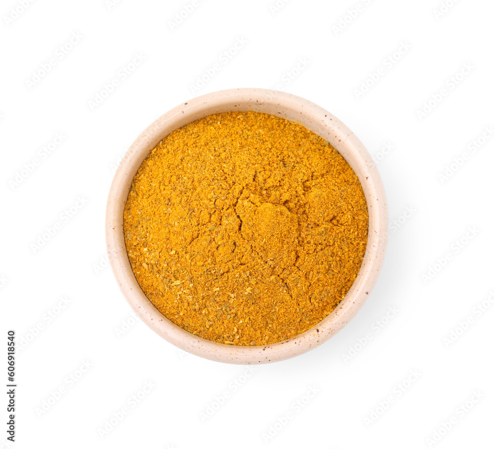 Bowl with curry powder isolated on white, top view Bowl with curry powder isolated on white, top view