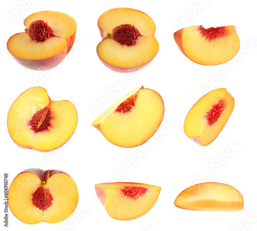 Cut fresh juicy peaches on white background