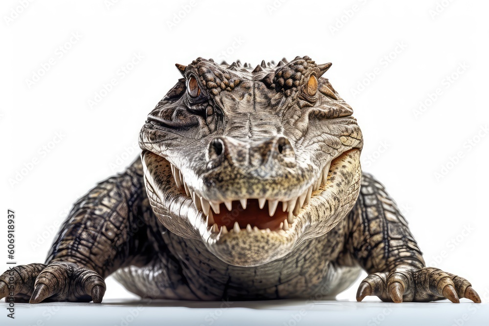 Prehistoric predator meets modern reptile: Tyrannosaurus Rex and crocodile side by side Prehistoric predator meets modern reptile: Tyrannosaurus Rex and crocodile side by side