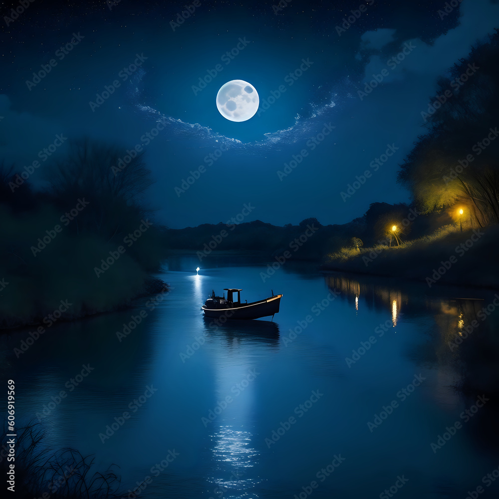 boat on the river, boat, moon, sunset, water, sky, sea, night, lake, 