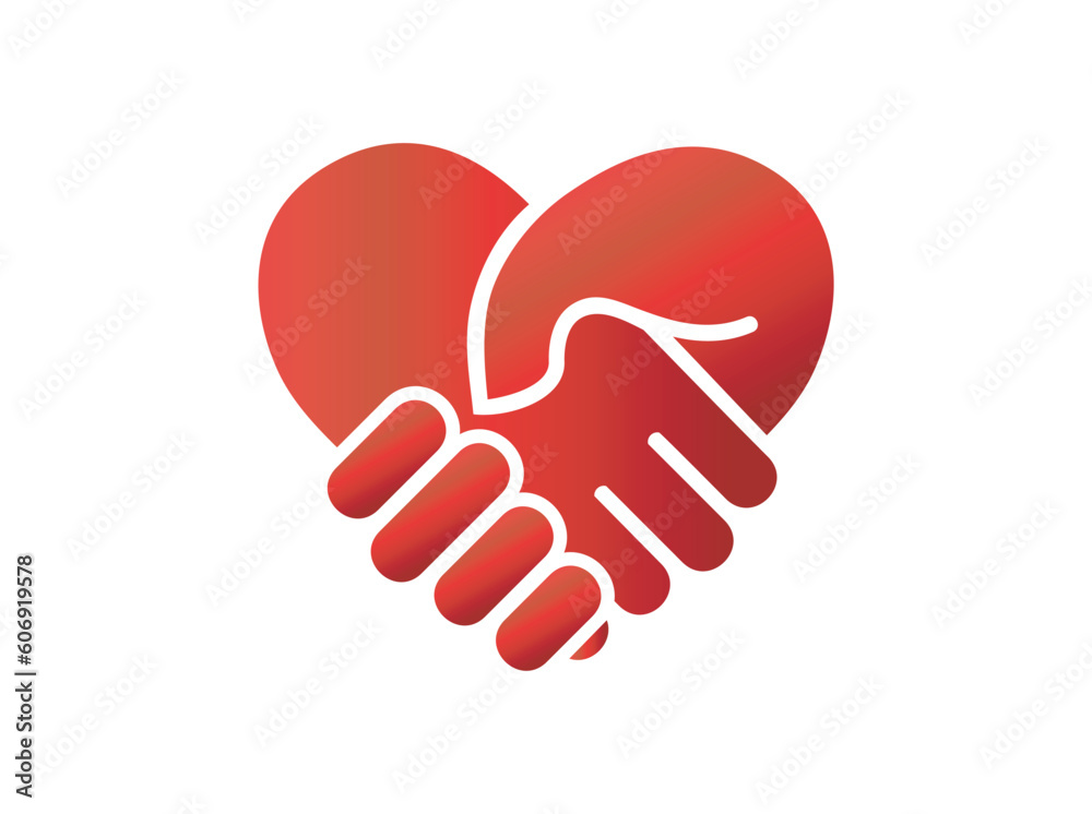 Handshake in heart shape conceptual icon illustration, love hand care symbol logo