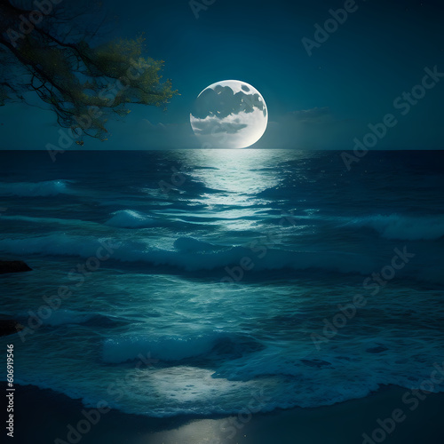 moon over sea, moon, night, sea, sky, ocean, water, blue, moonlight, 