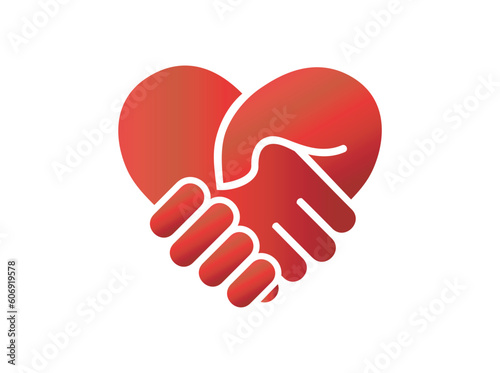 Handshake in heart shape conceptual icon illustration, love hand care symbol logo