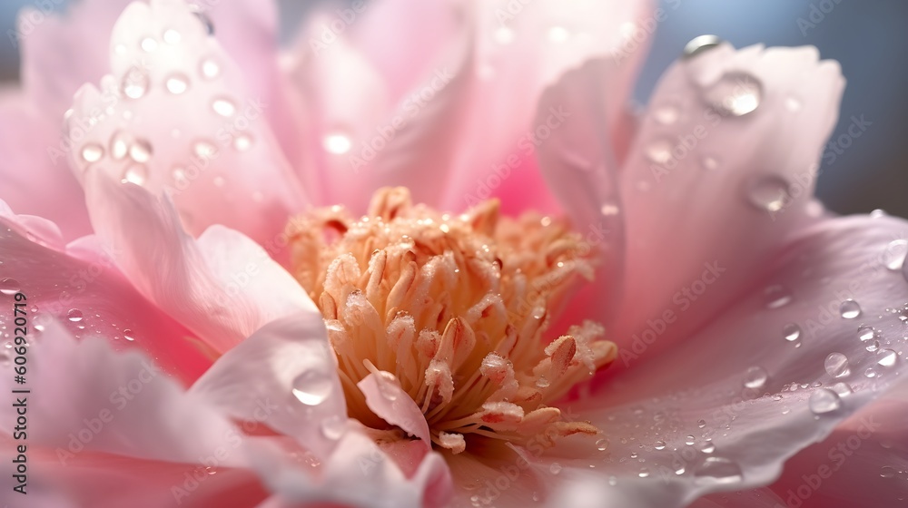 Beautiful transparent drops of water or dew with sun glare on petal of pink peony flower, macro. Gentle artistic image of purity and beauty of nature, Generative AI