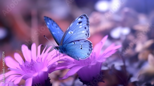 Beautiful purple blue butterfly on an anemone forest flower in spring nature, close-up macro, Generative AI