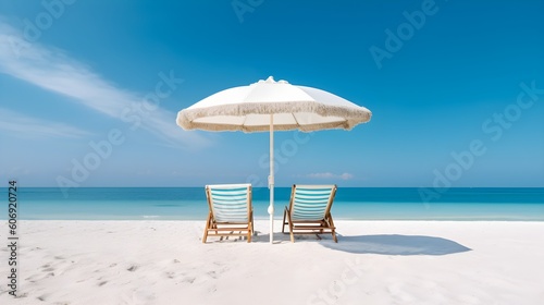 Beautiful beach banner. White sand  chairs and umbrella travel tourism wide panorama background concept. Amazing beach landscape  generative AI