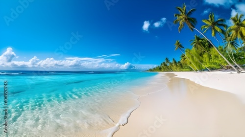 beautiful natural tropical landscape, beach with white sand and Palm tree leaned over calm wave. Turquoise ocean on background blue sky with clouds on sunny summer day, island Maldives