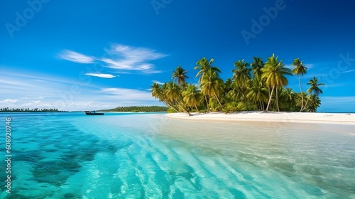 beautiful natural tropical landscape  beach with white sand and Palm tree leaned over calm wave. Turquoise ocean on background blue sky with clouds on sunny summer day  island Maldives  generative AI