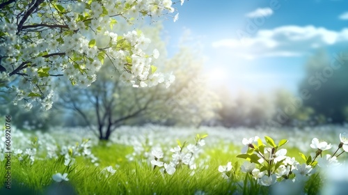 Beautiful blurred spring background nature with blooming glade, trees and blue sky on a sunny day, generative AI
