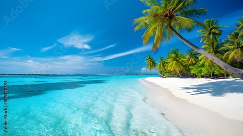 eautiful natural tropical landscape, beach with white sand and Palm tree leaned over calm wave. Turquoise ocean on background blue sky with clouds on sunny summer day, island Maldives, generative AI