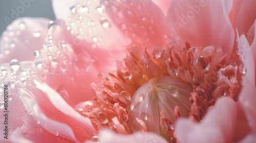 Beautiful transparent drops of water or dew with sun glare on petal of pink peony flower  macro. Gentle artistic image of purity and beauty of nature  Generative AI