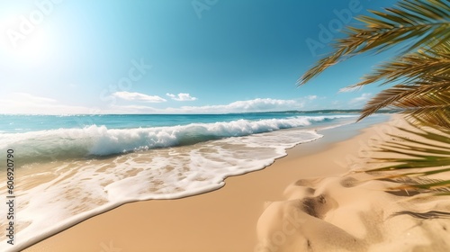 Abstract blur defocused background. Tropical summer beach with golden sand  turquoise ocean and blue sky with white clouds on bright sunny day. Colorful landscape for summer holidays  generative AI