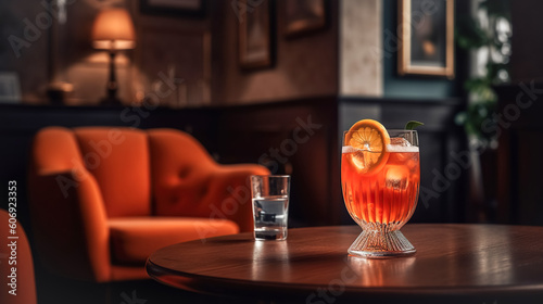 A glass with trendy Aperol Spitz or Negroni Sbagliato cocktail on a table in an expensive cozy restaurant, a hall with soft sofas Generative AI photo