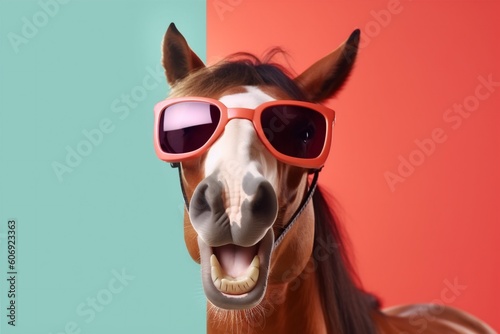 fun background animal horse portrait colourful goggles funny smile wildlife sunglasses. Generative AI. © SHOTPRIME STUDIO